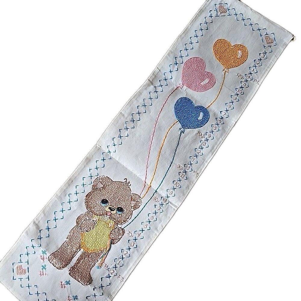 Vtg Grow With Me Chart Embroidered Needlework Teddy Bear Heart Balloons To 4'3"